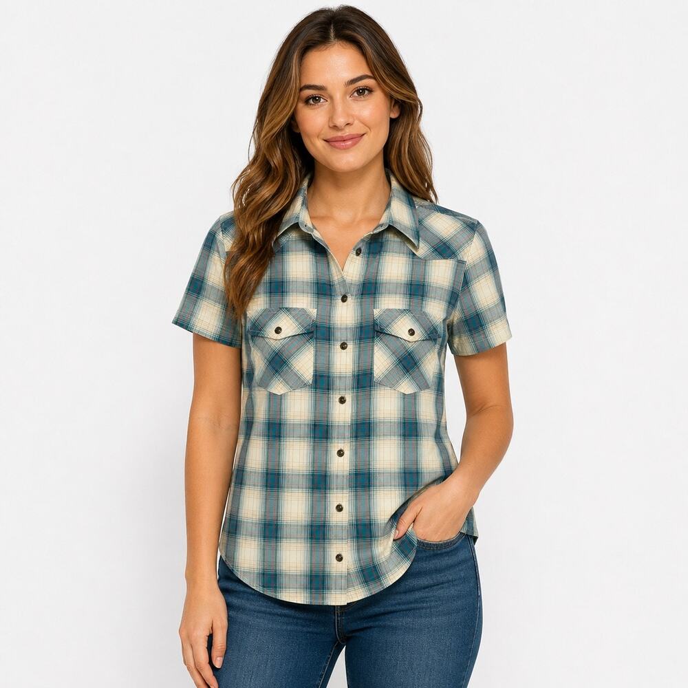 Pendleton Pearl Snap Plaid Shirt Women’s Large Shirt Sleeve Blue White Western